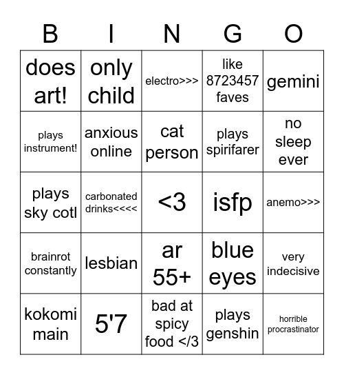 lila's bingo !! Bingo Card