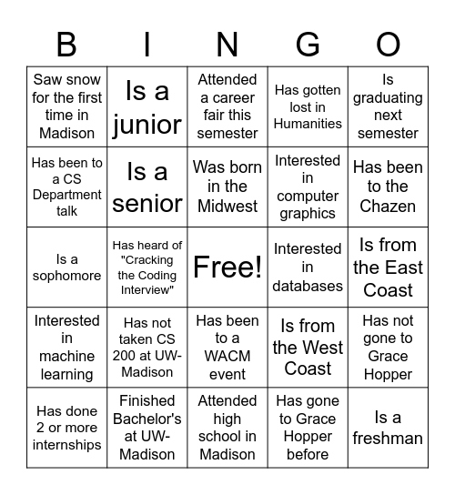 WACM Mentoring Kickoff Bingo Card