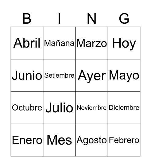 Meses del año Bingo Card