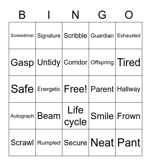 Week 17 Vocabulary Bingo Card