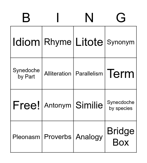 Analogies Bingo Card