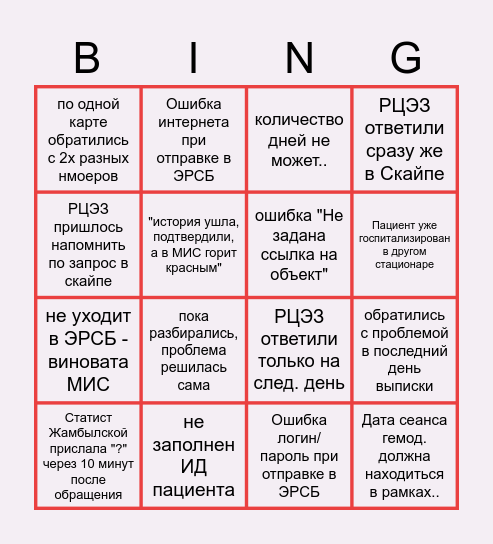БИНГО по обращения ЭРСБ в конце месяца Bingo Card