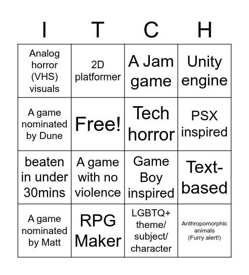 Itchmas 2022 Bingo Card