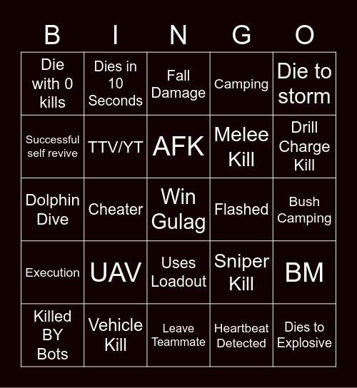 Warzone 2 Bingo Card