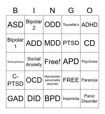 Mental Illnesses/Disorders:) Bingo Card