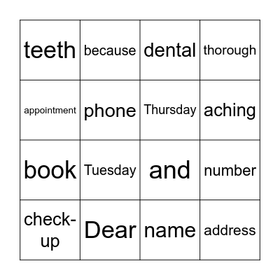 Dental appointment booking Bingo Card