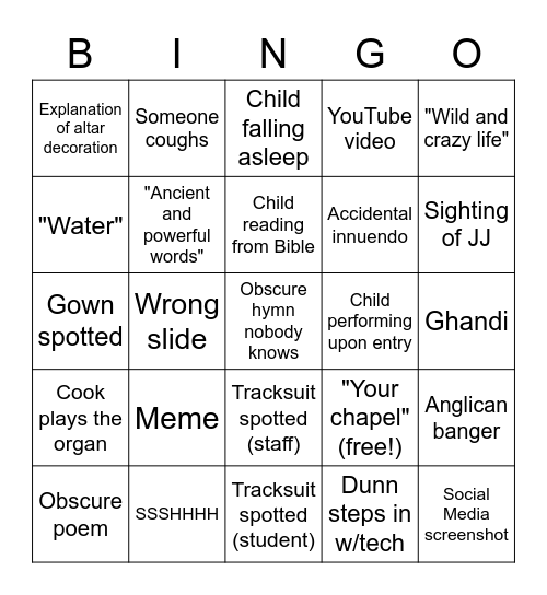 Chapel Bingo! Bingo Card