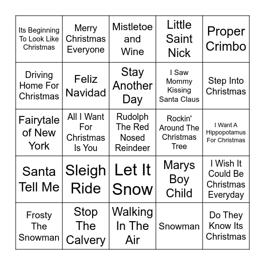Xmas Song Bingo Card