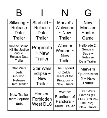 2022 Game Awards Announcements Bingo Card