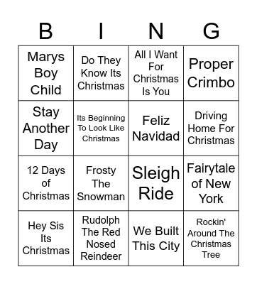 CHRISTMAS SONG BINGO Card