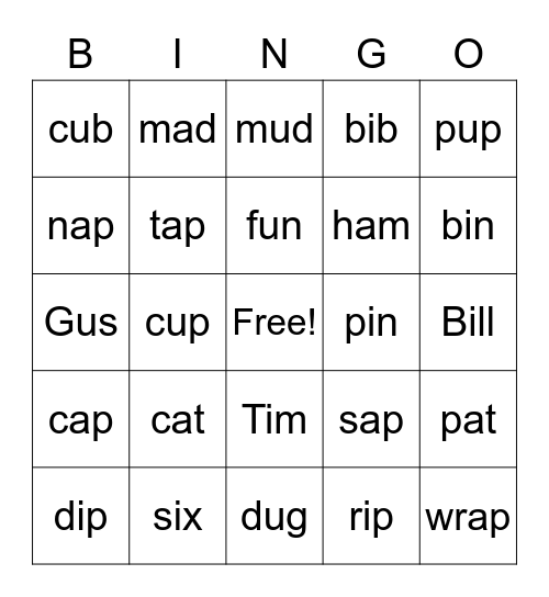 a,i,u words Bingo Card