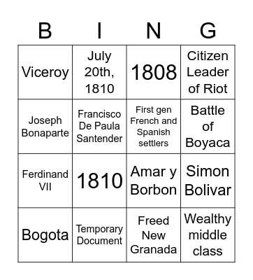 Colombian Revolution Bingo Card