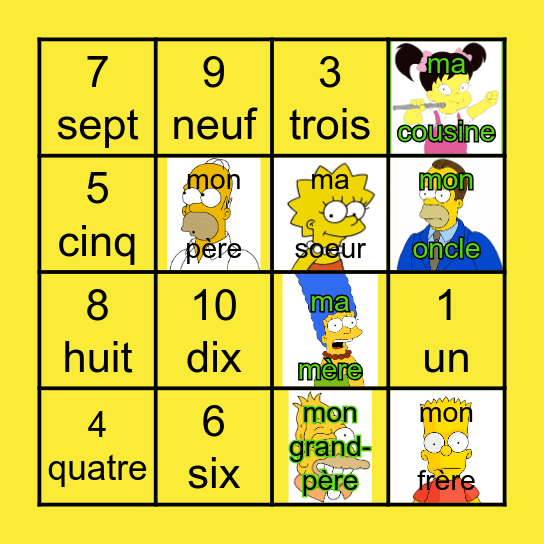 French 0-10 and Family Bingo Card