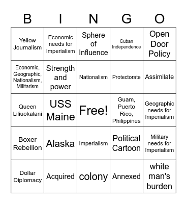 U.S. Imperialism Bingo Card