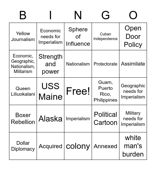 U.S. Imperialism Bingo Card