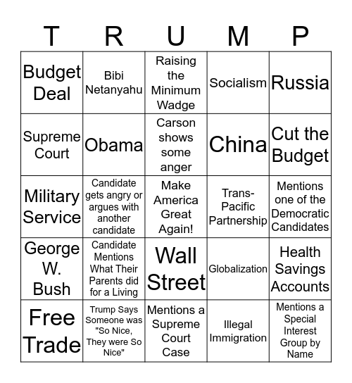 11/10 Republican Debate # 2 Bingo Card