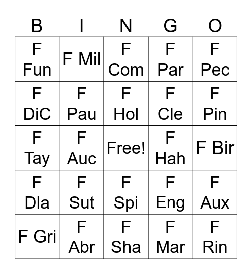 Fiction Call Numbers 1 Bingo Card