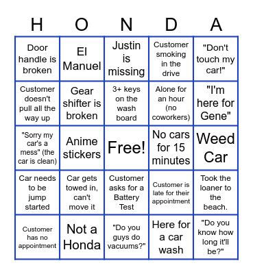 Honda of Gainesville Bingo Card