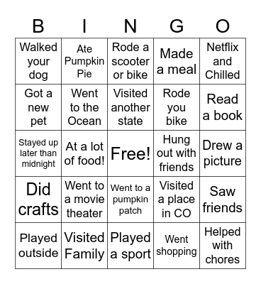 Fall Break Bingo Card