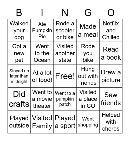 Fall Break Bingo Card