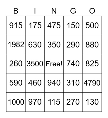 Los Numeros 100-1000 Bingo Card