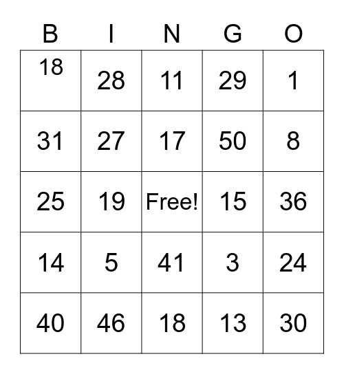 Bingo Numbers 1 50 Bingo Card