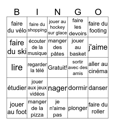 Unité 2 Leçon A - Les activités Bingo Card