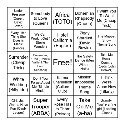 Music Bingo Round 1 Bingo Card