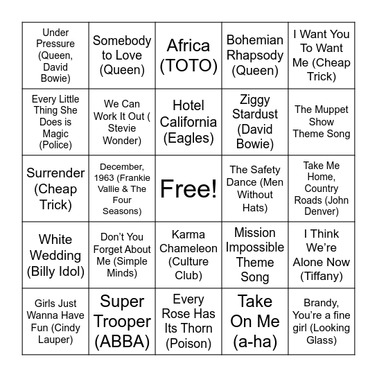 Music Bingo Round 1 Bingo Card