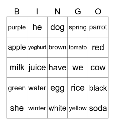 English vocabulary 6ème Bingo Card