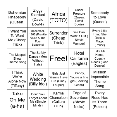 Music Bingo Round 1 Bingo Card