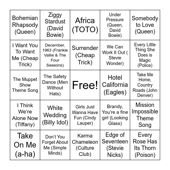 Music Bingo Round 1 Bingo Card