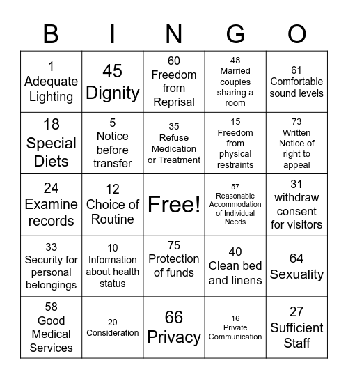 Resident's Rights Bongo Bingo Card