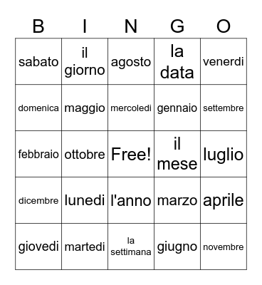 I giorni e i mesi Bingo Card