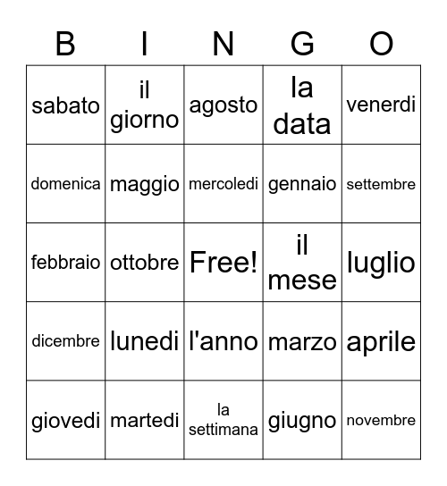 I giorni e i mesi Bingo Card