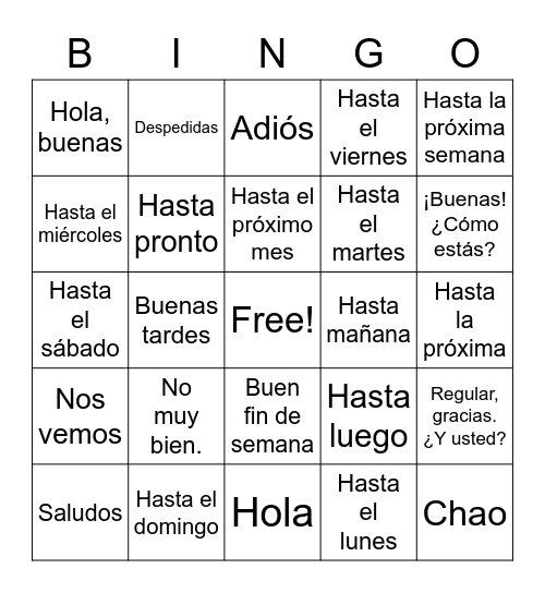 SALUDOS Y DESPEDIDAS Bingo Card