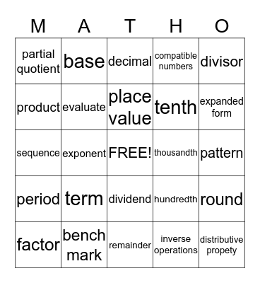 Jordan's MATHO Bingo Card