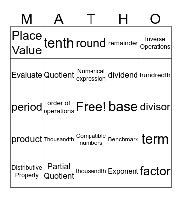 MITCHELL'S MATH-O Bingo Card