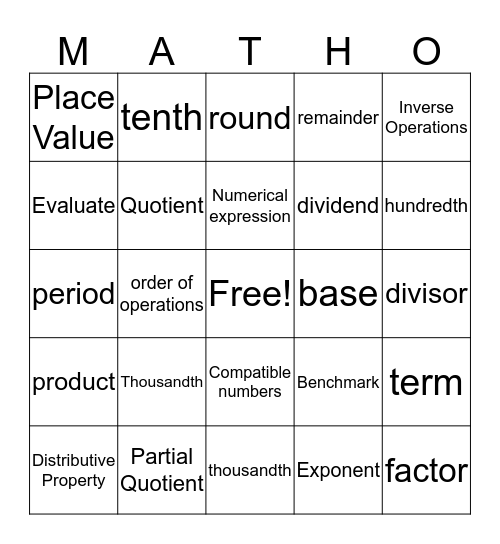 MITCHELL'S MATH-O Bingo Card