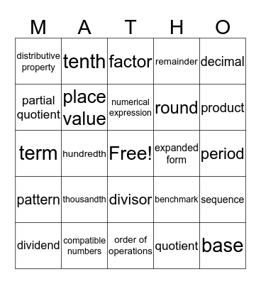 Andy's Matho Bingo Card