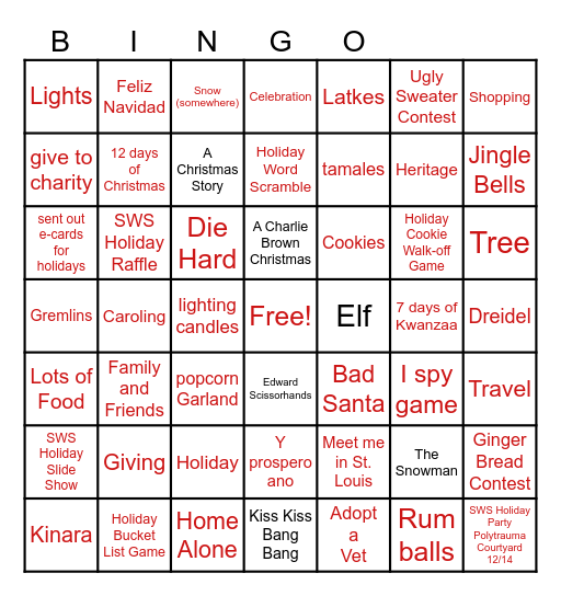 Social Work Service Holiday Bingo Card
