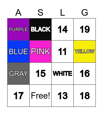 ASL Colors and Numbers (10-20) Bingo Card
