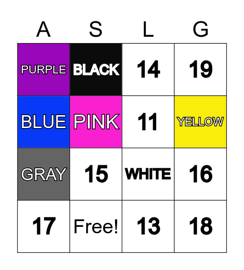 ASL Colors and Numbers (10-20) Bingo Card