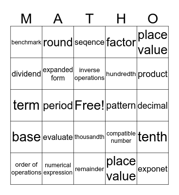 Ryan's Matho Bingo Card