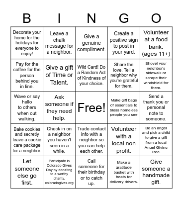 Prospect Random Acts of Kindness Project Bingo Card