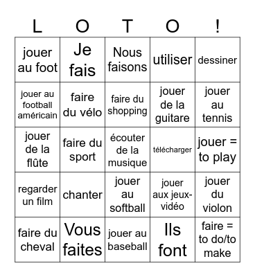 7 Les loisirs French -er verbs / faire Bingo Card