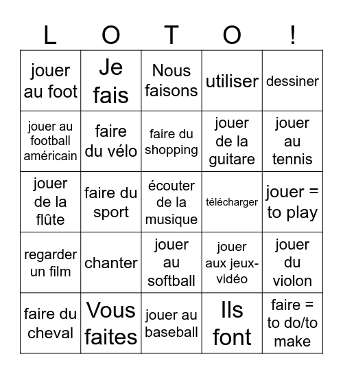 7 Les loisirs French -er verbs / faire Bingo Card