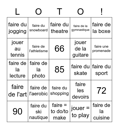 7 Les loisirs Bingo Card