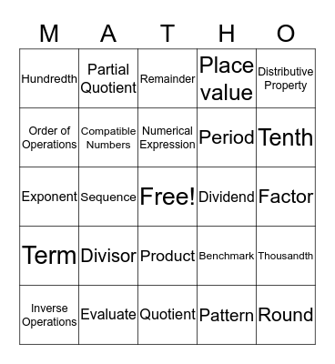 Nick's Matho Bingo Card