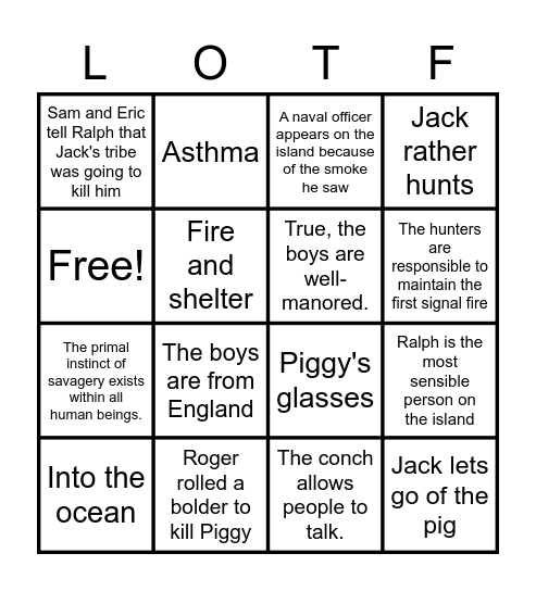 “Happiness is yelling “LOTF!” Bingo Card